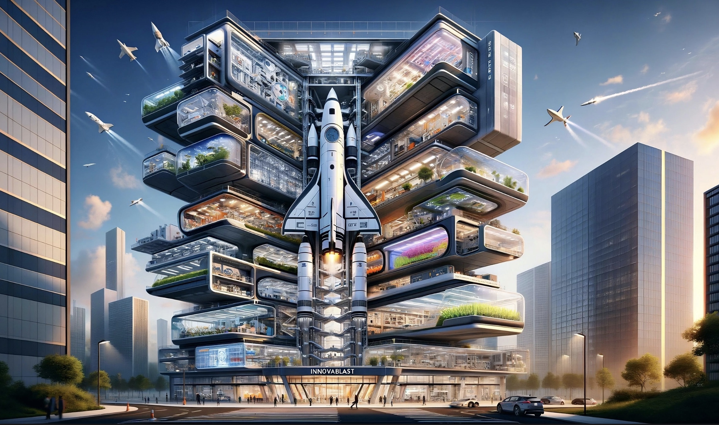 The Innovablast vision: a rocket tower with innovation modules stacked around one central rocket, its crew at the base