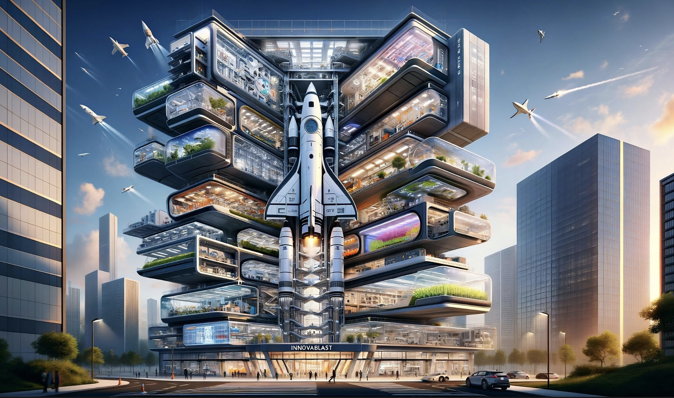 Innovablast vision — a rocket tower with stacked innovation workspaces around a central spine