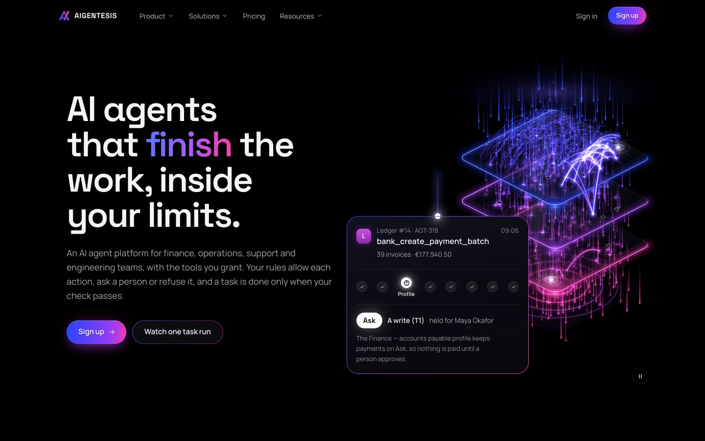 Aigentesis home: AI agents that finish the work, inside your limits