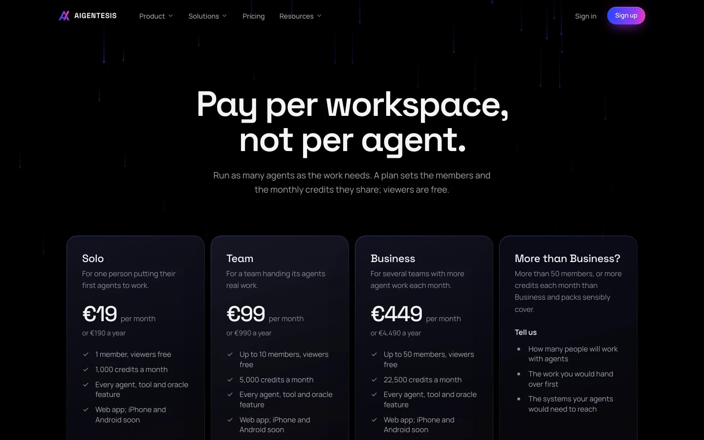 Aigentesis pricing: Solo, Team and Business