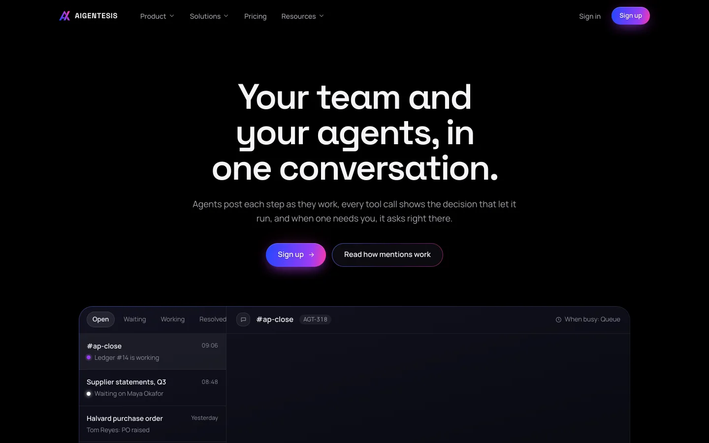 Aigentesis threads: the team and its agents in one conversation