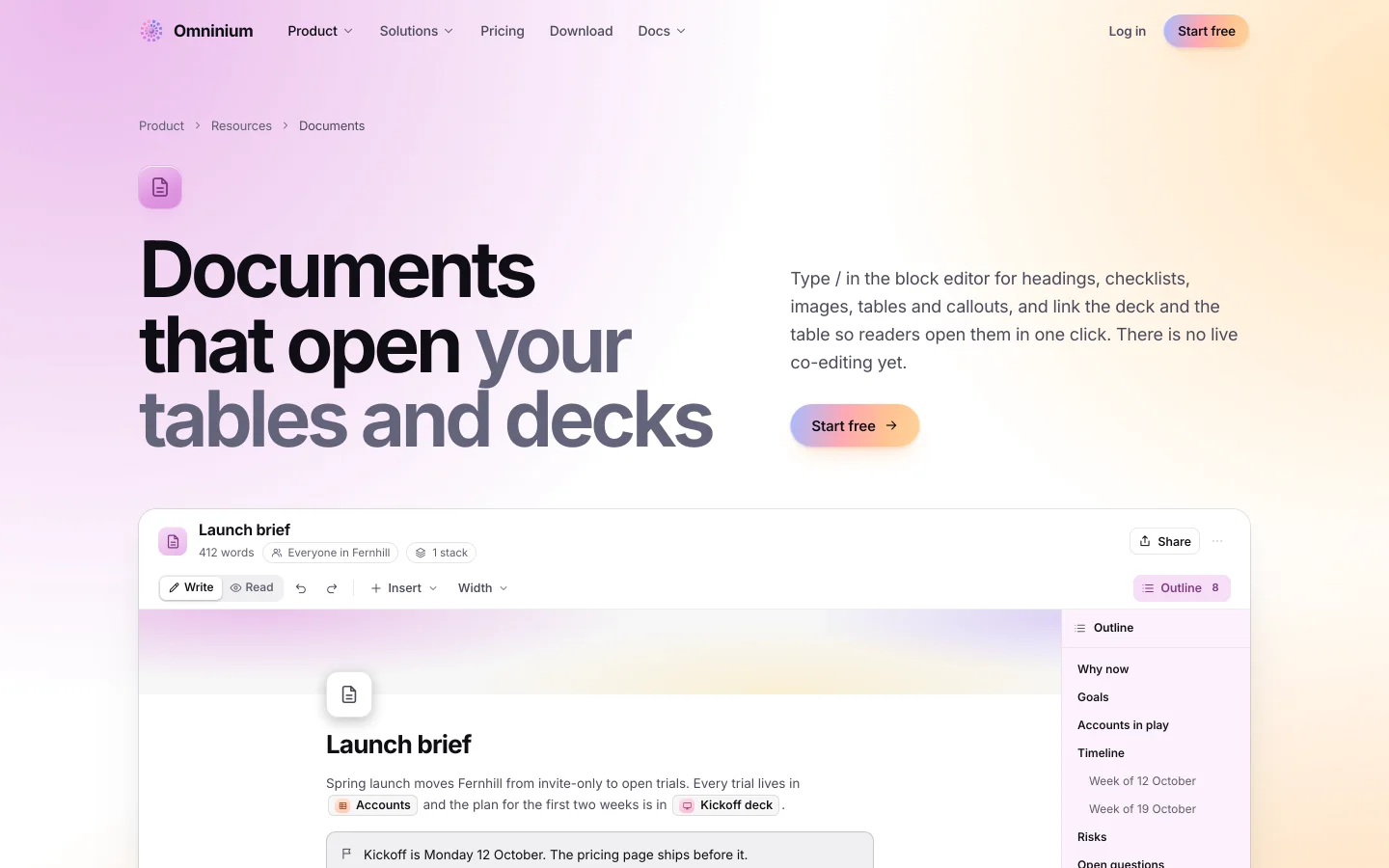 Omninium documents: briefs that embed tables and decks