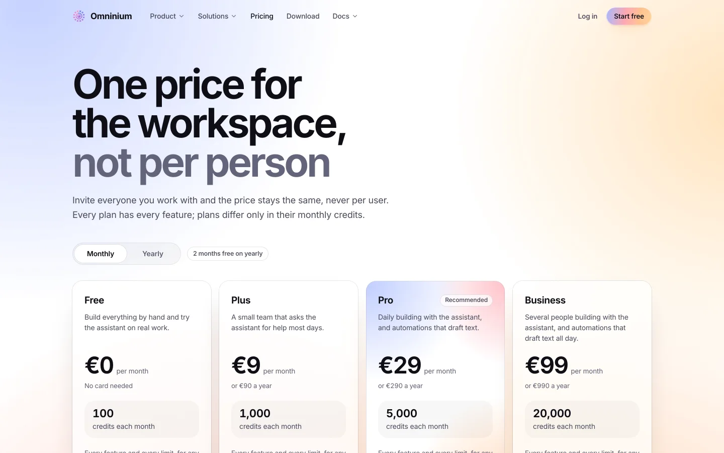 Omninium pricing: Free, Plus, Pro and Business