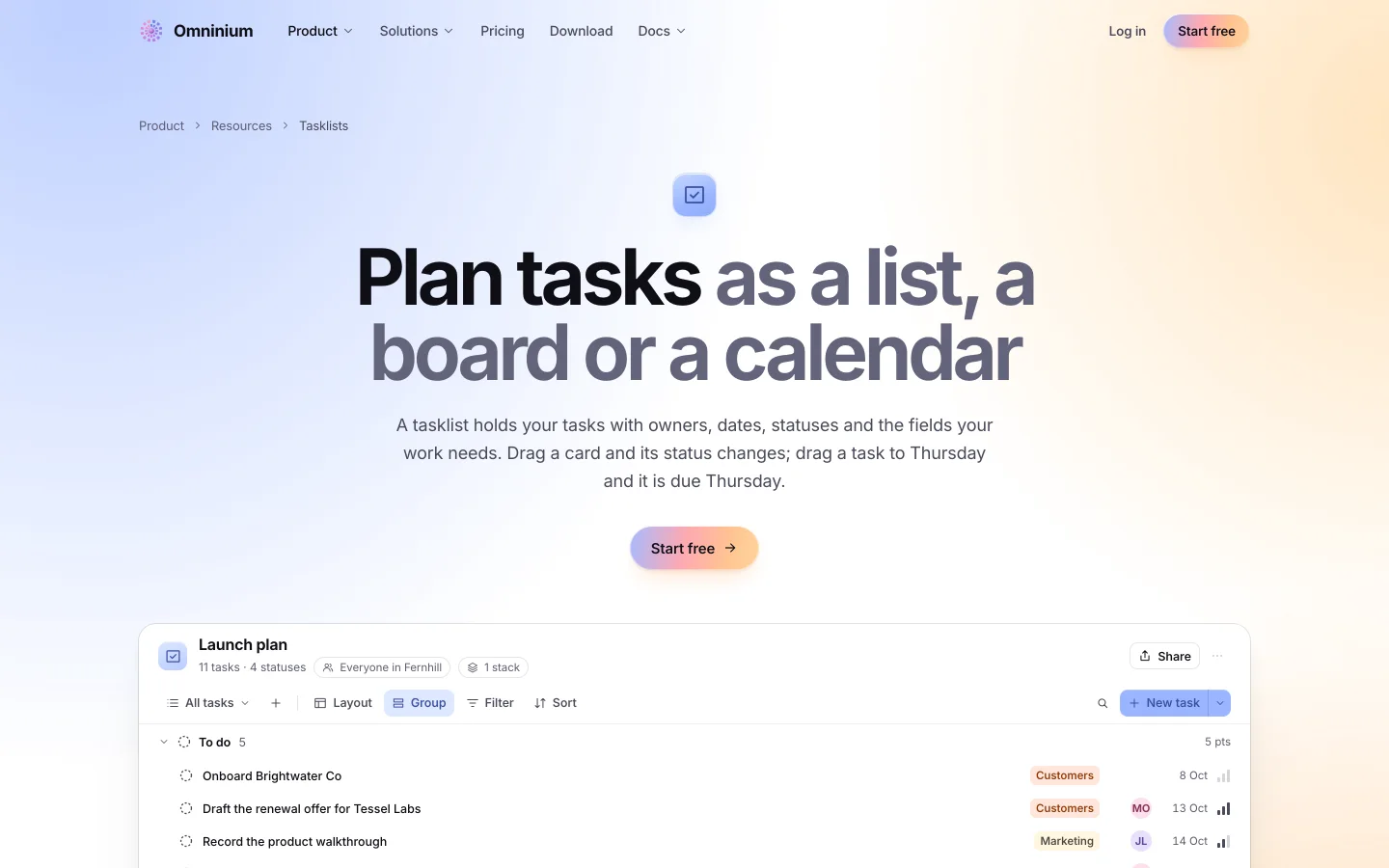 Omninium tasklists: list, board and calendar