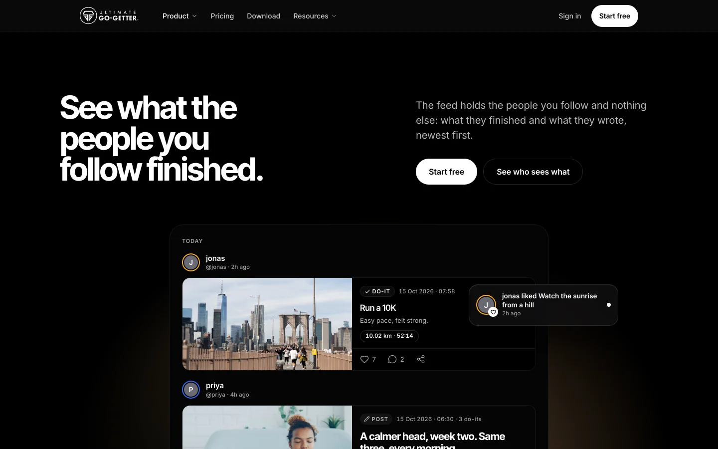 Ultimate Go-Getter feed: what the people you follow finished